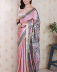 Dusty Peach Tussar Silk Madhubani Printed Saree with Zari Woven Border