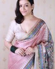 Dusty Peach Tussar Silk Madhubani Printed Saree with Zari Woven Border