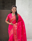 Pink Dual Zari Woven Paithani Silk Saree with Meenakari Pallu