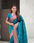 Peaacock Blue Dual Zari Woven Paithani Silk Saree with Meenakari Pallu