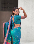 Peaacock Blue Dual Zari Woven Paithani Silk Saree with Meenakari Pallu