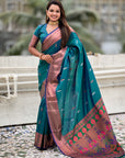 Peaacock Blue Dual Zari Woven Paithani Silk Saree with Meenakari Pallu