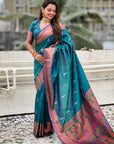 Peaacock Blue Dual Zari Woven Paithani Silk Saree with Meenakari Pallu