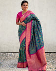 Peacock Blue Soft Meenakari Patola Silk Contrast Zari Woven Saree