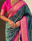 Peacock Blue Soft Meenakari Patola Silk Contrast Zari Woven Saree