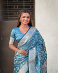Blue Banarasi Satin Zari Woven Jaal Silk Saree