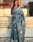 Blue Banarasi Satin Zari Woven Jaal Silk Saree