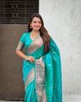 Aqua Blue Dual Zari Woven Paithani Silk Saree with Meenakari Pallu