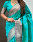 Aqua Blue Dual Zari Woven Paithani Silk Saree with Meenakari Pallu
