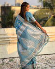 Blue Banarasi Satin Zari Woven Jaal Silk Saree