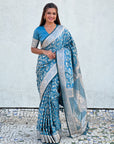Blue Banarasi Satin Zari Woven Jaal Silk Saree