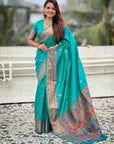 Aqua Blue Dual Zari Woven Paithani Silk Saree with Meenakari Pallu