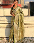 Pista Green Banarasi Satin Zari Woven Jaal Silk Saree