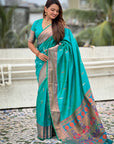 Aqua Blue Dual Zari Woven Paithani Silk Saree with Meenakari Pallu