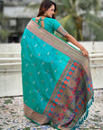 Aqua Blue Dual Zari Woven Paithani Silk Saree with Meenakari Pallu
