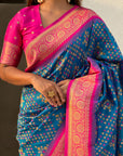 Dark Blue Soft Meenakari Patola Silk Contrast Zari Woven Saree