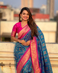 Dark Blue Soft Meenakari Patola Silk Contrast Zari Woven Saree