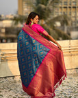 Dark Blue Soft Meenakari Patola Silk Contrast Zari Woven Saree