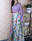 Lavender Tussar Silk Floral Jaal Printed Saree with Zari Border