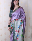 Lavender Tussar Silk Floral Jaal Printed Saree with Zari Border