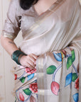 Cream Tussar Silk Floral Jaal Printed Saree with Zari Border