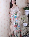Cream Tussar Silk Floral Jaal Printed Saree with Zari Border
