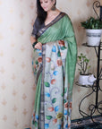 Pista Green Tussar Silk Floral Jaal Printed Saree with Zari Border