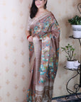 Brown Soft Tussar Silk with Floral & Birds Printed and Zari Border Saree
