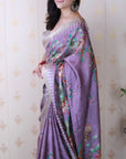 Lavender Soft Tussar Silk with Floral & Birds Printed and Zari Border Saree
