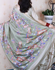 Dusty Green Soft Tussar Silk with Floral & Birds Printed and Zari Border Saree
