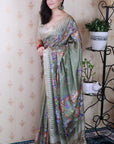 Dusty Green Soft Tussar Silk with Floral & Birds Printed and Zari Border Saree