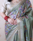 Dusty Green Soft Tussar Silk with Floral & Birds Printed and Zari Border Saree