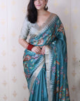 Blue Soft Tussar Silk with Floral & Birds Printed and Zari Border Saree