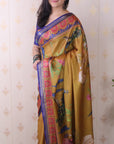 Gold Tussar Silk Traditional Printed Saree with Zari Border