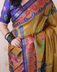 Gold Tussar Silk Traditional Printed Saree with Zari Border