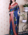 Navy Blue Tussar Silk Traditional Printed Saree with Zari Border