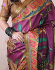 Wine Tussar Silk Traditional Printed Saree with Zari Border