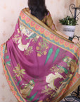 Wine Tussar Silk Traditional Printed Saree with Zari Border