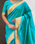 Aqua Blue Paithani Silk Zari Woven Saree with Mahalaxmi Pallu