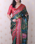 Bottle Green Tussar Silk Traditional Printed Saree with Zari Border