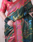 Bottle Green Tussar Silk Traditional Printed Saree with Zari Border