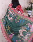 Bottle Green Tussar Silk Traditional Printed Saree with Zari Border