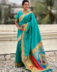 Aqua Blue Paithani Silk Zari Woven Saree with Mahalaxmi Pallu
