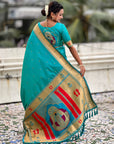 Aqua Blue Paithani Silk Zari Woven Saree with Mahalaxmi Pallu