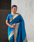 Rama Blue Paithani Silk Zari Woven Saree with Mahalaxmi Pallu