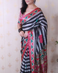 Grey Tussar Silk Striped Printed Saree with Contrast Zari Border