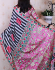 Grey Tussar Silk Striped Printed Saree with Contrast Zari Border