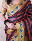 Red Tussar Silk Striped Printed Saree with Contrast Zari Border