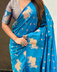 Rama Blue Soft Silk Dual Zari Woven Saree with Nandi Border