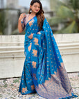 Rama Blue Soft Silk Dual Zari Woven Saree with Nandi Border
